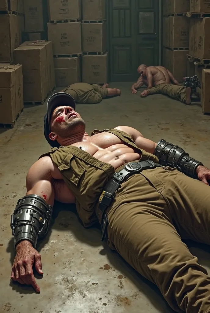 Do the art of a big muscular guy, lying on the ground, brown uniformed pants, sleeveless vest,  black cap , bald with few mechanical parts on the arms. scenario of a warehouse full of boxes and few soldiers fainted on the floor. Do him with a burnt face an...