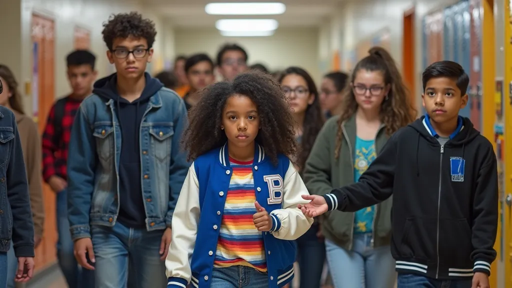 "A high school hallway filled with students walking together. The main focus is on three agers in the foreground. A young girl with curly black hair, wearing a colorful striped t-shirt and jeans, walks forward with a determined expression. A age boy in a b...