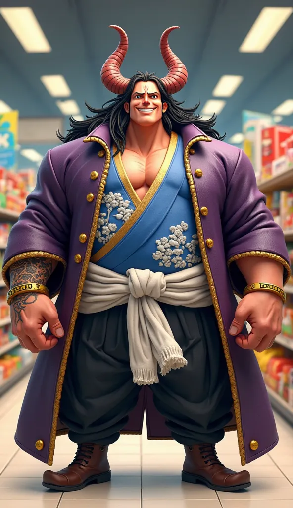 A long shot 3D image in Disney Pixar style of Kaido from One Piece standing in a supermarket with an innocent and happy expression. Kaido has a massive, muscular build with broad shoulders and a wide chest. His long, flowing black hair cascades down his ba...