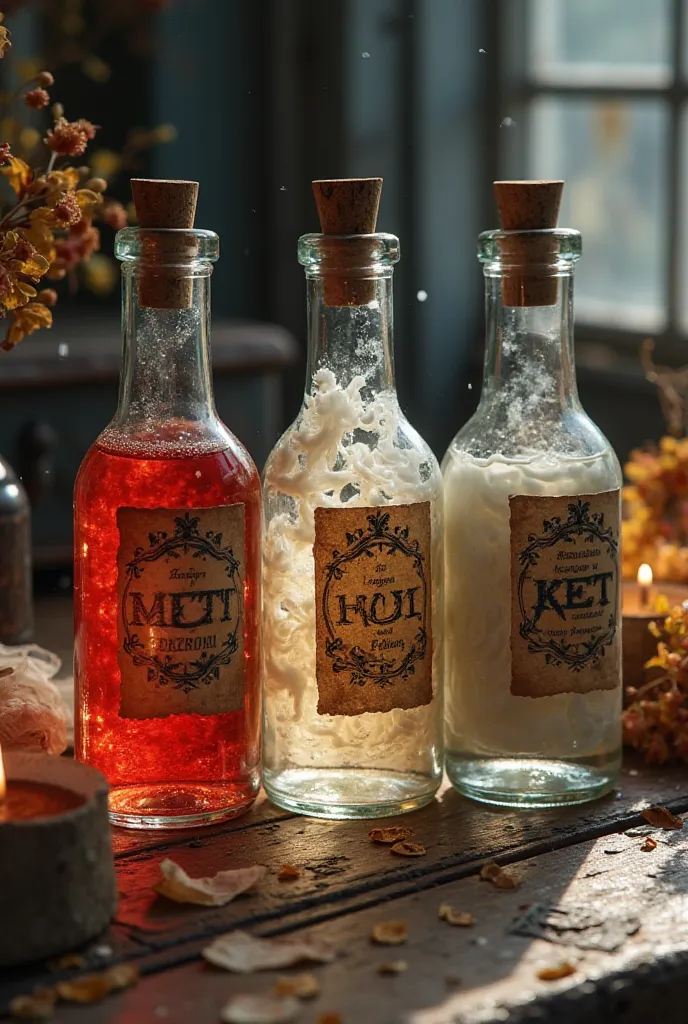 Three perfume bottles shaped like potion bottles reminisent of vintage coca cola glass bottles, each with a unique liquid color (glowing crimson, swirling creamy white, melancolic grey), labels styled like ancient apothecary scrolls with thematic motifs, s...