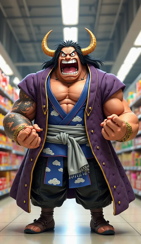 A long shot 3D image in Disney Pixar style of Kaido from One Piece standing in a supermarket, speaking and gesturing with a fearful and defensive expression. Kaido has a massive, muscular build with broad shoulders and a wide chest. His long, flowing black...