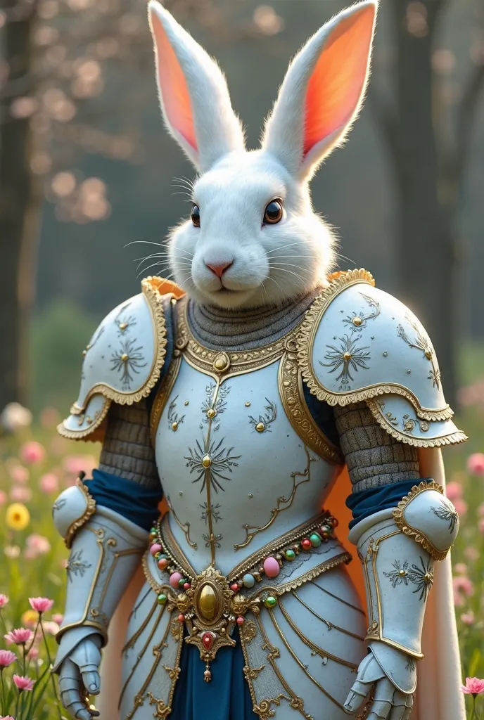 Make a rabbit-themed armor in white colors, blue and gold, There must be props that refer to Easter