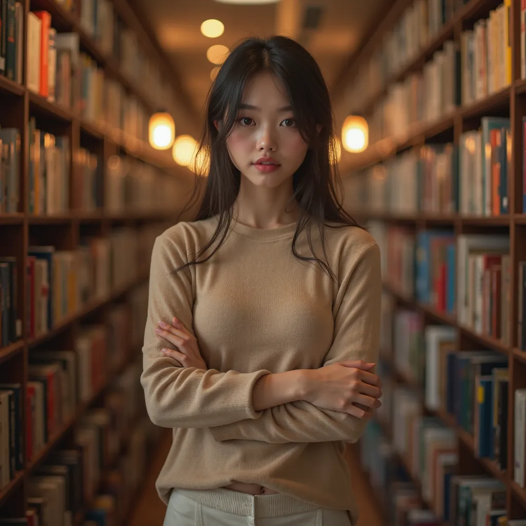 Slim librarian girl, pale white skin, flat chest, tight beige sweater, cozy atmosphere, midriff, facing the camera, library background, portrait, photography, realistic, cozy light, 