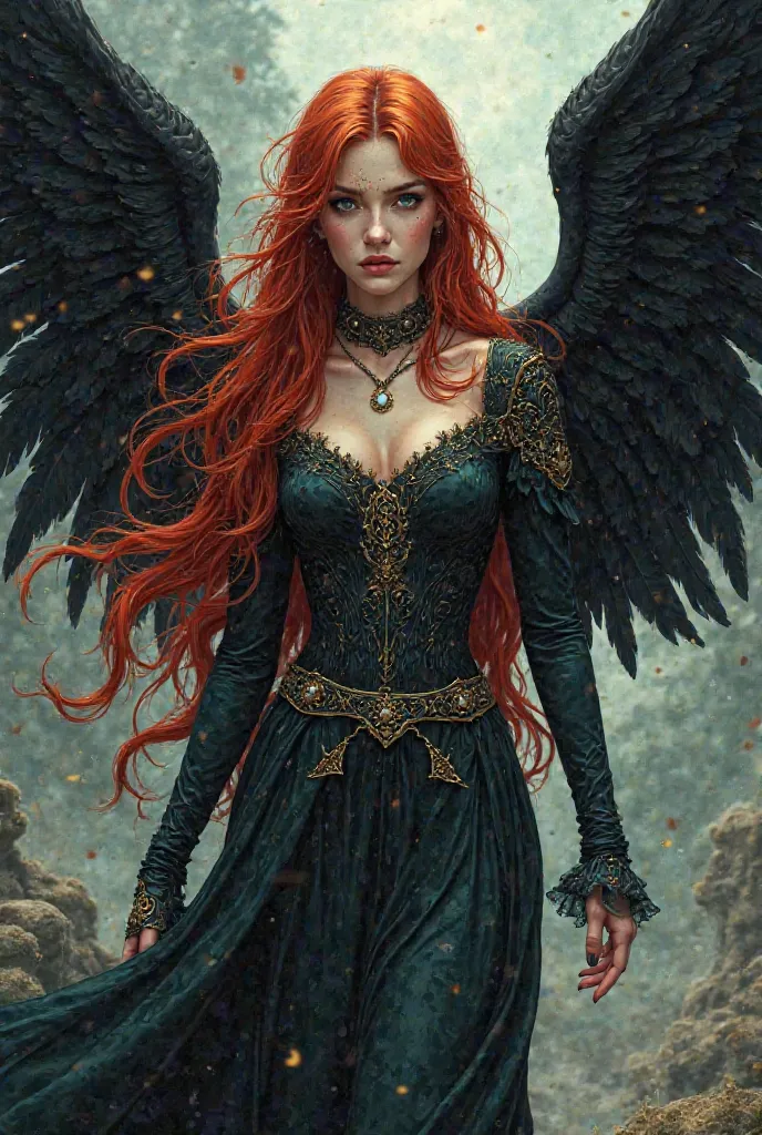 Make a fallen angel gender red-haired woman with black wings. In Celtic witch clothing. In manga style one piece