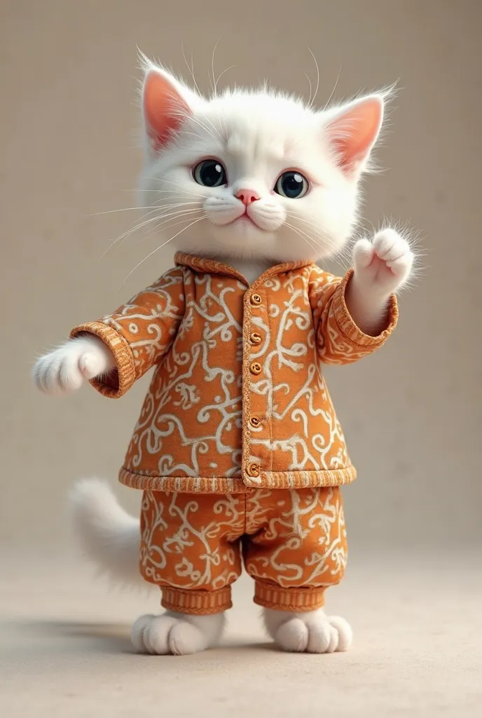 "A cute fluffy white ultra hd 8k realistic cat wearing a stylish co-ord set made from cotton fabric with a traditional Dabu print. The outfit includes a shirt-style kurta with full sleeves and matching pants with an elasticized waist. The kitten looks fash...