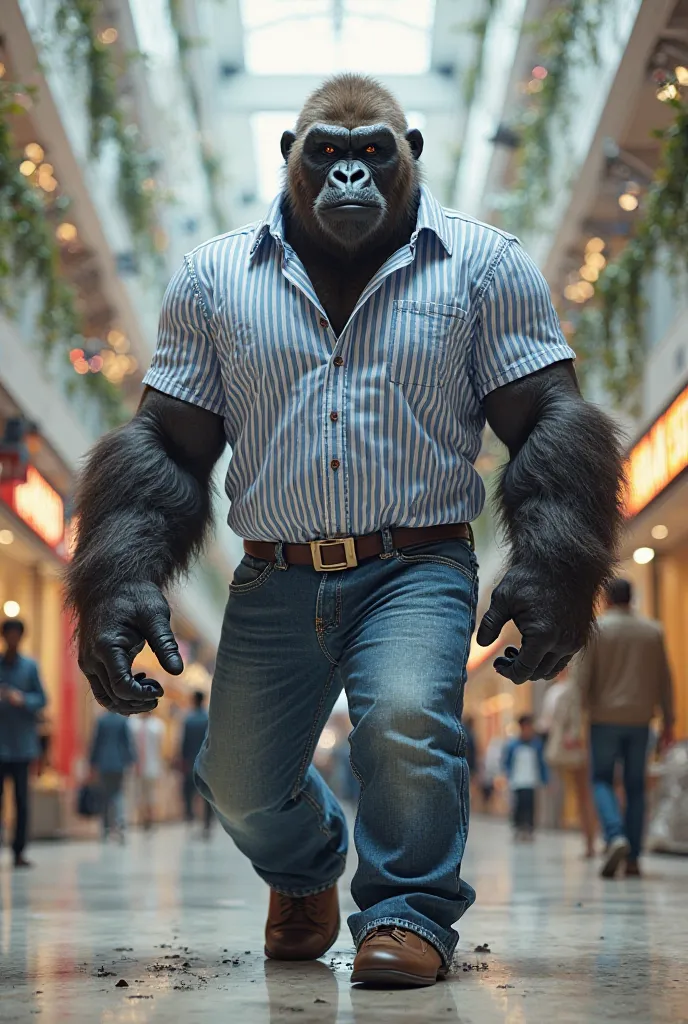 I need an image of a gorilla wearing a blue striped shirt and jeans in a mall. There are traces of excrement on the floor