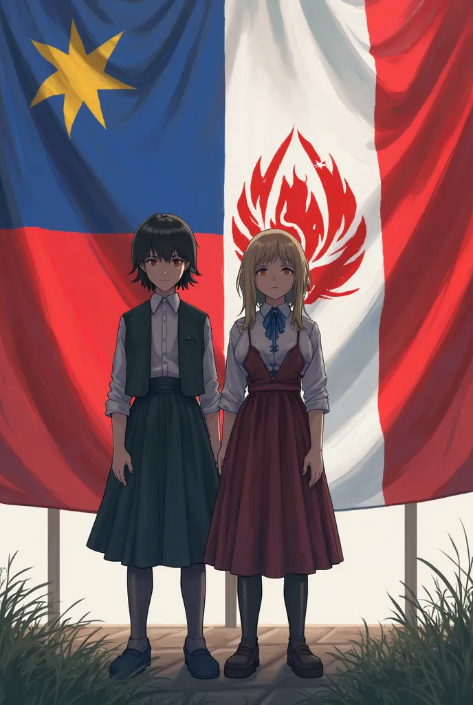 The characters show behind them the flag of the two countries