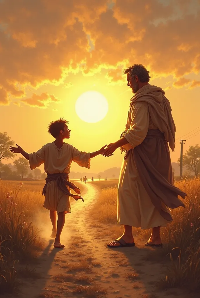 A powerful and emotional digital illustration of the Parable of the Prodigal Son. The father stands on the right side with open arms, his face filled with love and forgiveness. On the left side, the age son is running toward him from a distance, tears stre...