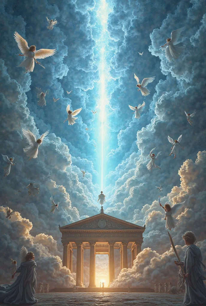 A breathtaking heavenly scene with a dark sky full of angels, wings extended and resplendent, floating in a mystical environment. in the center, a large portal of bright blue light opens into the heavens, surrounded by a multitude of angels in different po...