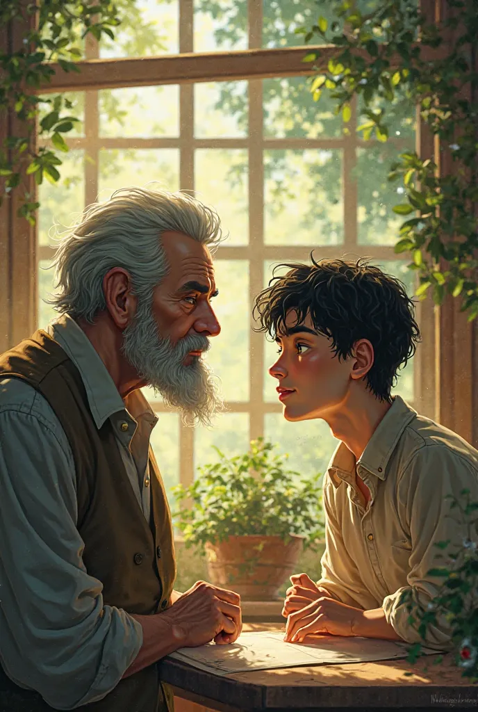 In the Studio Ghibli style, a handsome middle-aged man and a black-haired young man with yellow eyes looking at him. 