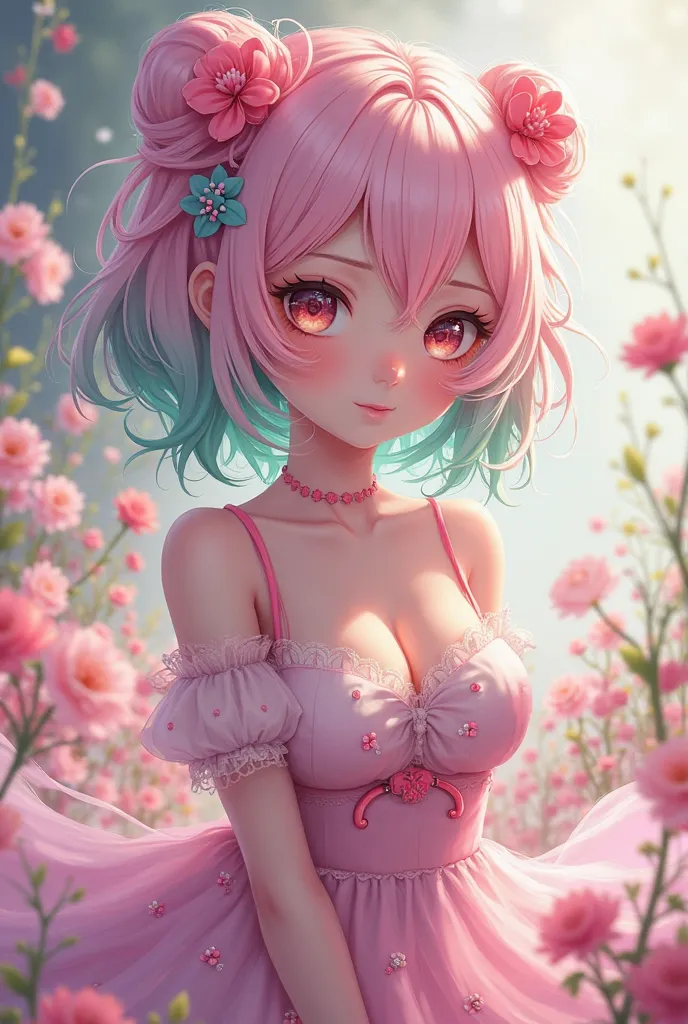 An anime girl with pink and green hair on the tips with a huge breast