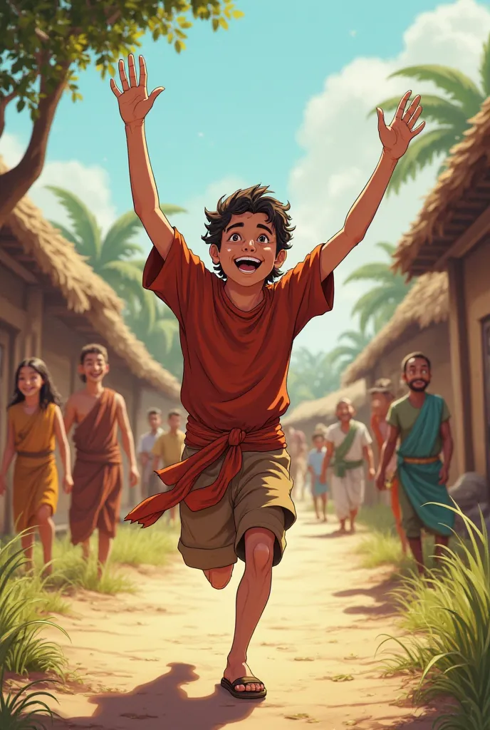 Running to the Elder**
   - **Scene**: The young man runs excitedly through the village, holding his hands up in joy, heading toward the wise elder's home. Villagers in the background look curious and smile at his enthusiasm.
   - **Style**: Dynamic and li...