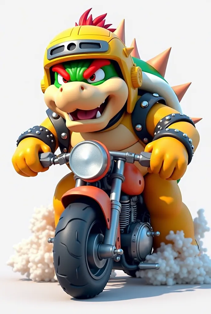 Bowser jr figure. wearing motorcycle helmet, sitting on a white background