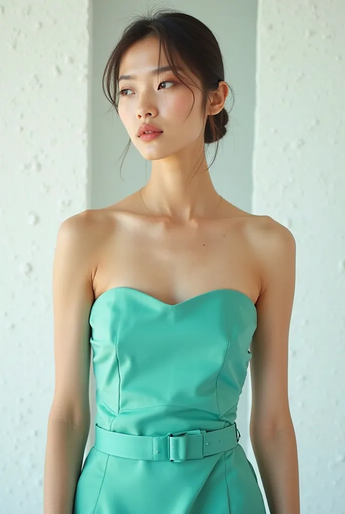 strapless top in a white model, aqua green color