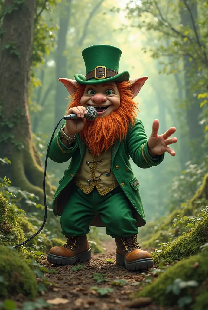 Real realistic detailed photo 4k masterpiece best panoramic quality, a realistic leprechaun detailed gangsta rap singer, With microphone in the forest 