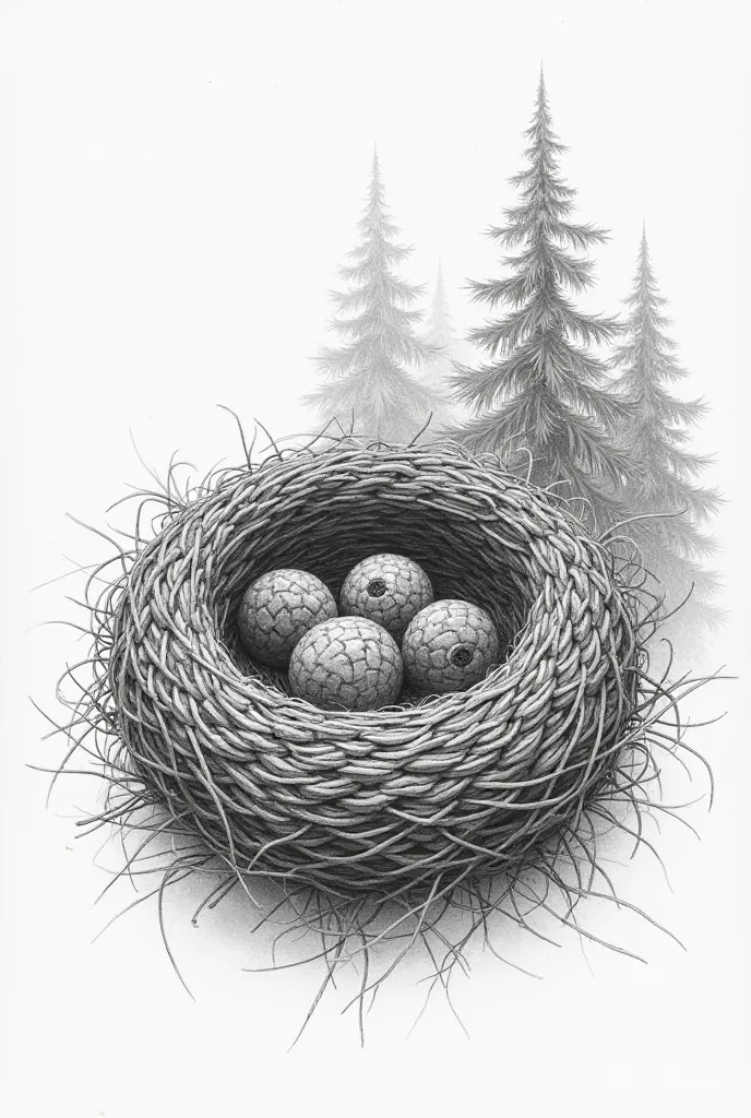 A highly detailed pencil sketch of **a bird nest made entirely of pine cones**. The nest has a circular shape with interlocking pine scales, woven like traditional bird nests. Rough texture on the outer pine scales vs. soft inner bedding made of pine needl...