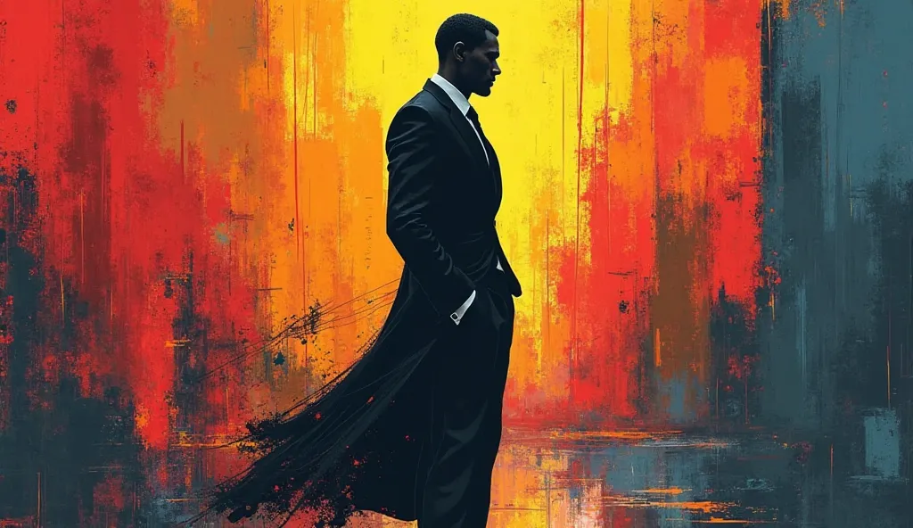 Silhouette of a man dressed in a suit on the cover of a book, ABSTRACT IMAGE WITH MANY STRIKING COLORS