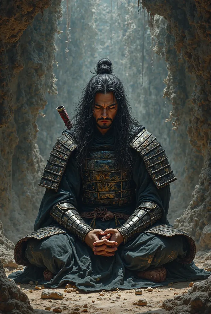 Brunette Brazilian samurai in shogun armor and black wakisashi with black flames meditating in a cave