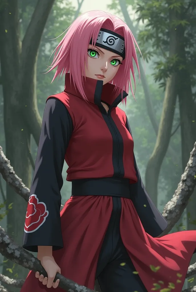 "Create an illustration of Sakura Haruno, a character from *Naruto*, in the artistic style of D-ART. The scene should depict her in a dynamic pose, wearing her classic ninja outfit (red and black), exuding confidence and determination. The background shoul...