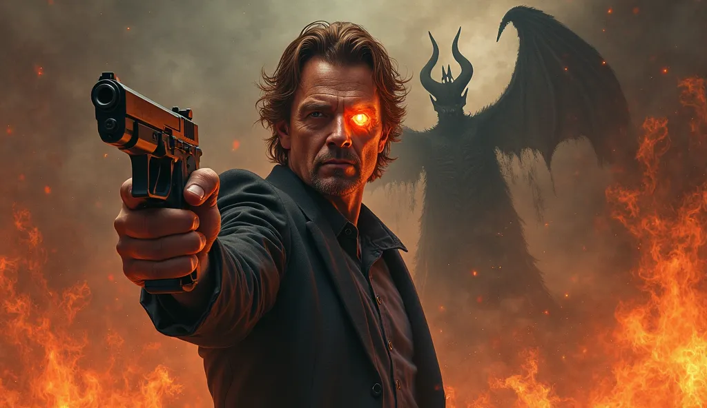 Kevin Bacon with a glowing eye (like possessed), pointing a blessed gun.  in the background, Fire and a Silhouette of the Devil