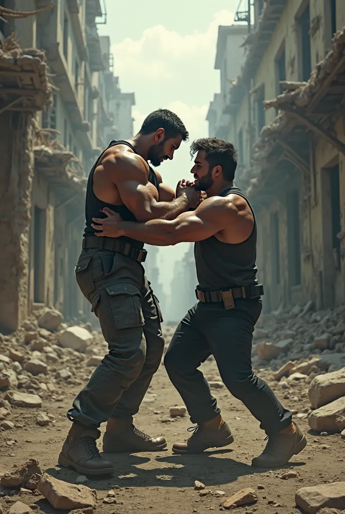 Dark background: a very strong and muscular man with short dark and wavy hair wearing sleeveless tactical military clothing in the middle of dilapidated buildings fighting with another strong man 