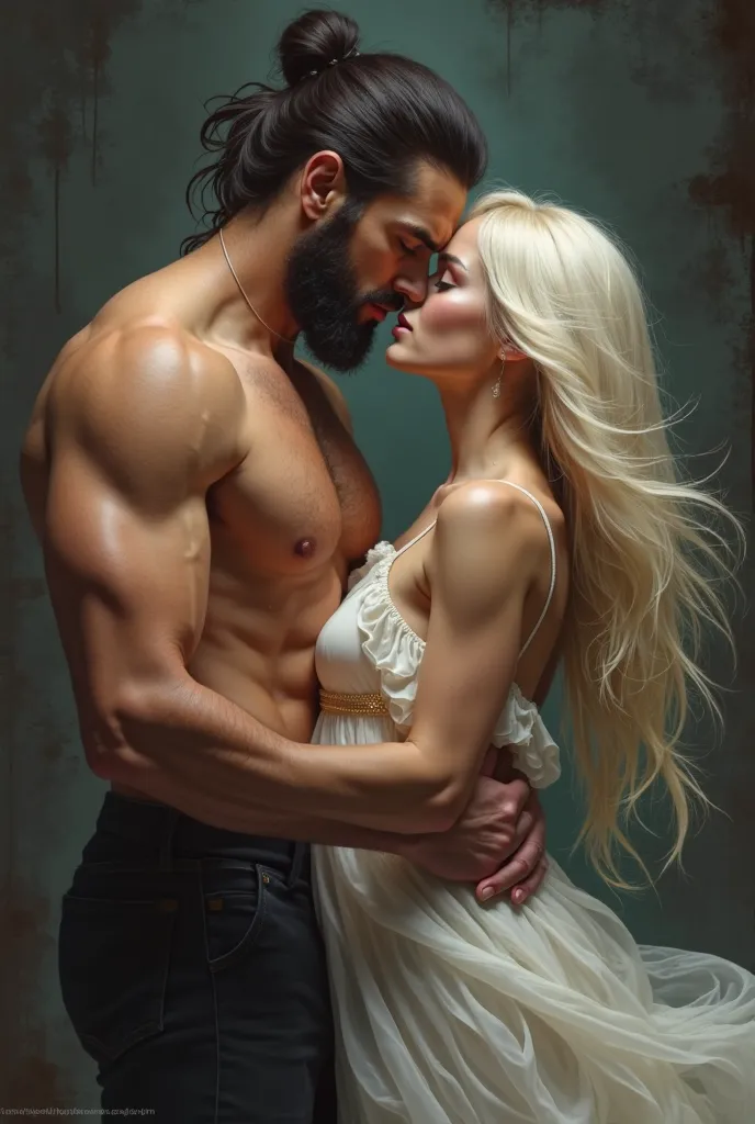 Dark background: a large tanned man, very strong, stocky and muscular dark hair tied in a bun, almost kissing a woman with very long hair and very platinum blonde in a white chiffon dress. 