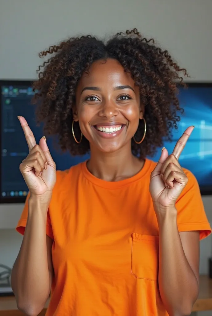 realistic photo of happy Colombian woman pointing with HER FINGERS up TWO SCREENS , ALSO THAT THIS WOMAN WEARS AN ORANGE T-SHIRT