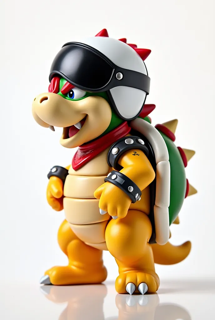 Bowser JR figure with a motorcycle helmet, in profile on a white background