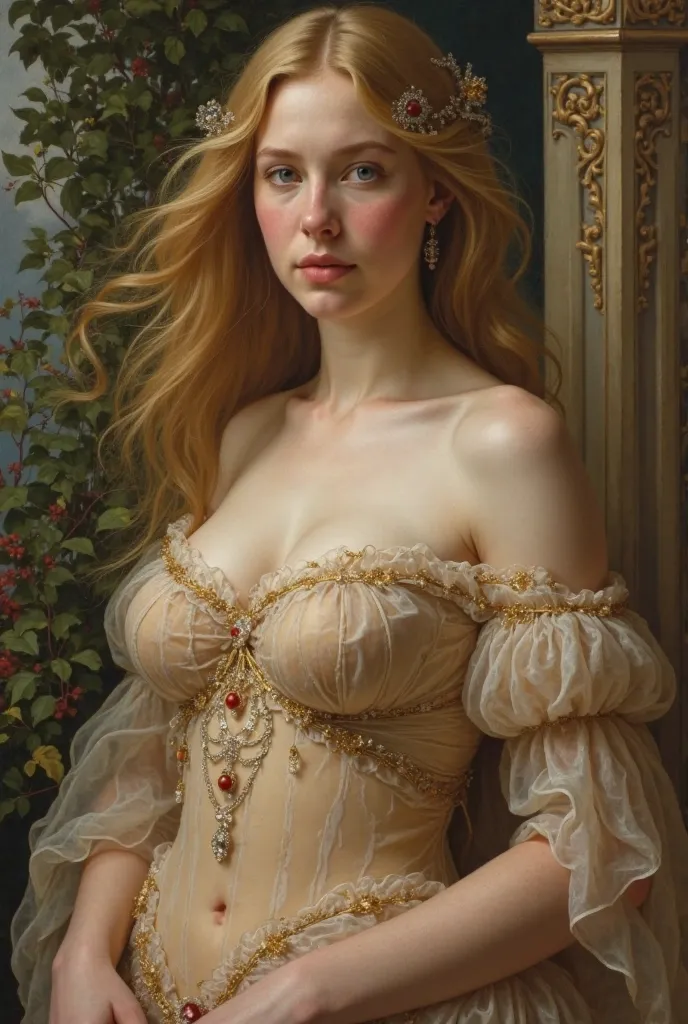 Une peinture réalisée dans le style de Raphaël, une belle femme caucasienne aux seins volumineux vêtue d'une robe transparente.