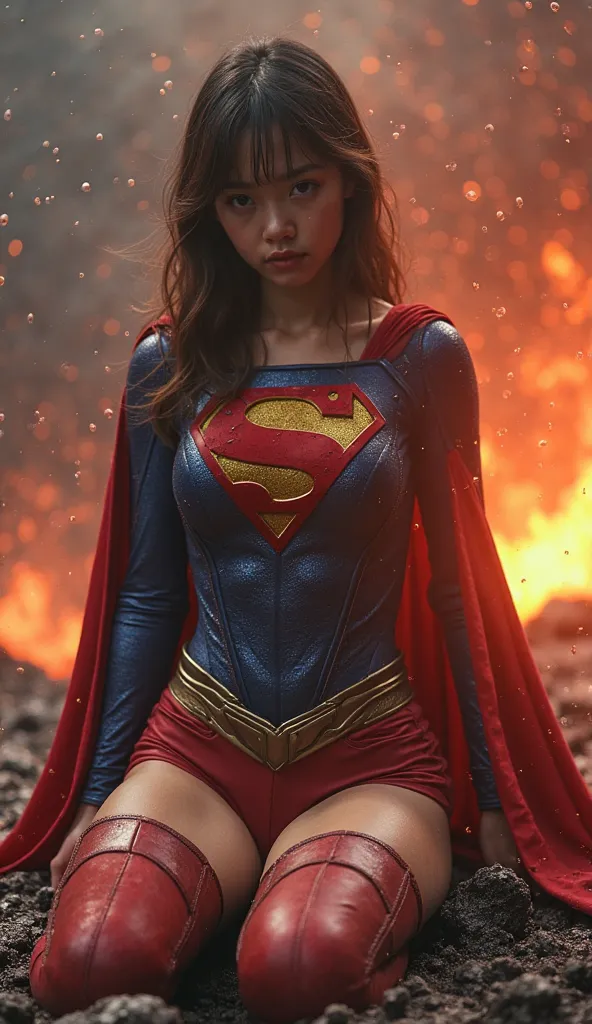 Cute  Japanese 、  supergirl 。   supergirlは膝立ちしている、live-action、  Action Movie  、  SUPERGIRL is sitting  、( 溶岩のプールに浸かるsupergirl 、(((  muddy lava   、  lava with lots of bubbles  、 lots of bubbles coming out  、The lava is simmering red:1.6))))、 review、  master...