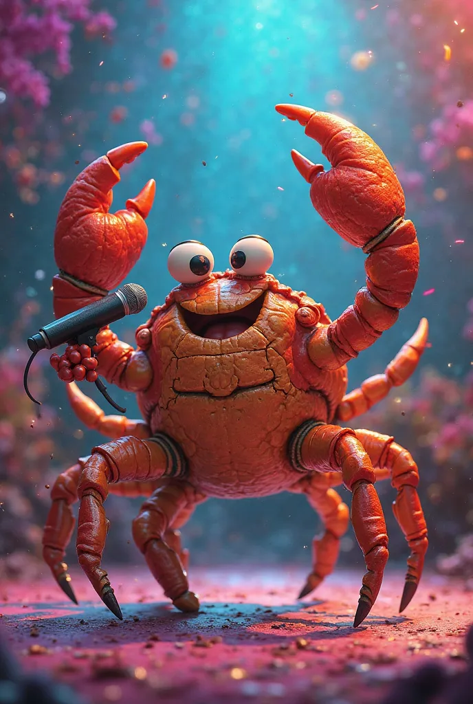 A crab is singing and dancing with a microphone in its hand, large size video