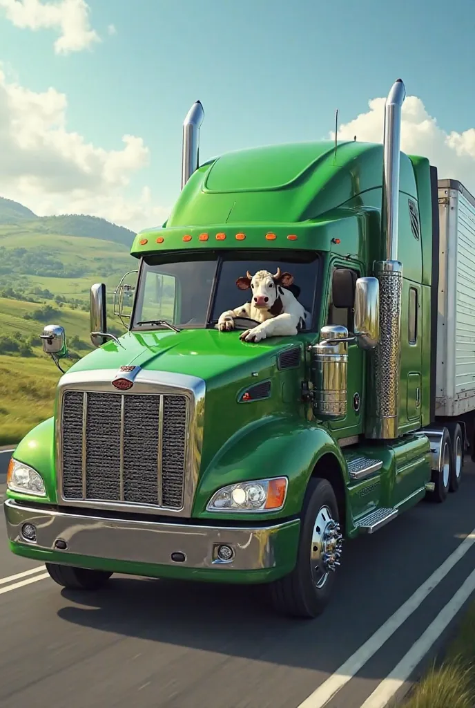 A cow driving a green Freightliner FLD 120 on the road 