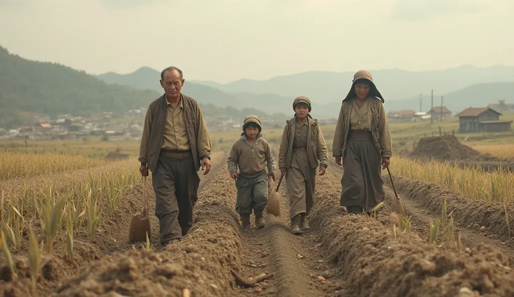 A poor farming family working hard in the fields, with simple clothing and basic tools, showing the struggles of rural life in early 20th century Korea.