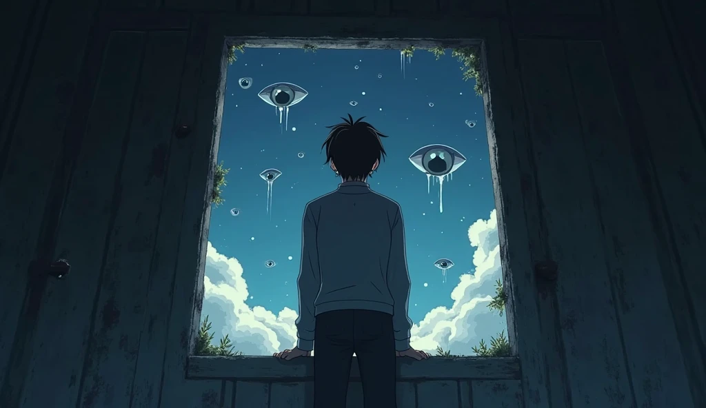 A  with his back turned inside a house. There's a hole in the house that allows you to see the sky.

The sky is filled with eyes staring directly at the .

2D animation, cosmic horror. Dark anime style. High resolution.