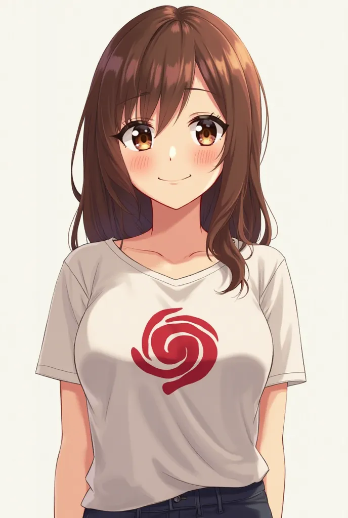  anime girl t-shirt, brown hair,  brown eyes,  big breast, neckline, Konoha band smiling 