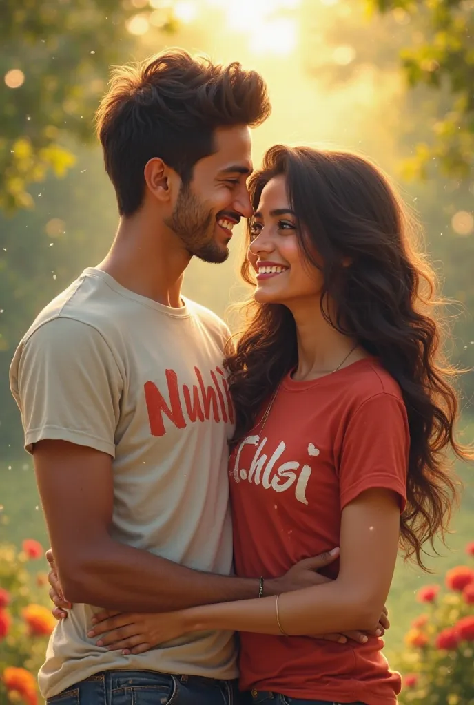 A couple with name printed on their t shirt nikhil and tulsi 