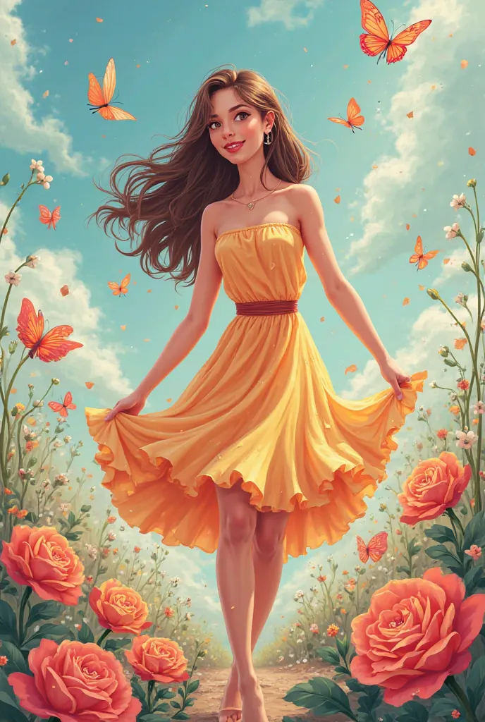 generates an image without any letters that I will use to make a promotional poster for a spring dance.

The image has to be cartoon style, full and colorful and with lots of flowers and butterflies.

The woman who is adult and beautiful