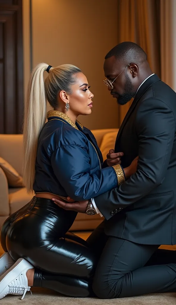 Kim Kardashian with long straight blonde hair als Pferdeschwanz in a tight Short marinblau Daunenjacke with and golden collar and sleeves, large cleavage, in a very tight black latex Leggings , in the hotel room, Kim is wearing white sneakers, Kim has a ve...