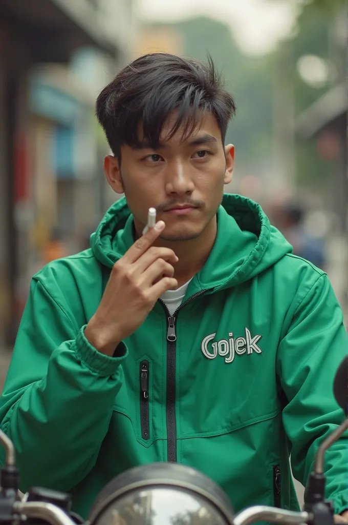  A 25-year-old man ,wearing a green jacket with the inscription GOJEK,in the right hand holding a cigarette, sitting on a bike ,looking in front of,