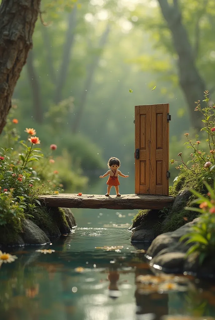 A tiny figure using a WPC door as a bridge over a small water pond. The door remains solid and undamaged, symbolizing its waterproof nature. The scene is whimsical, with a natural outdoor setting