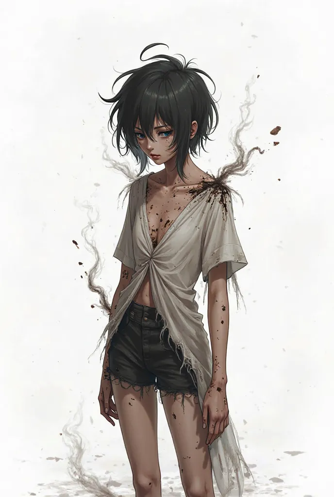 Make a  in a burnt long blouse and curled hair combo shorts shedding ashes while their skin is scorched as if it were for cigarettes anime white background