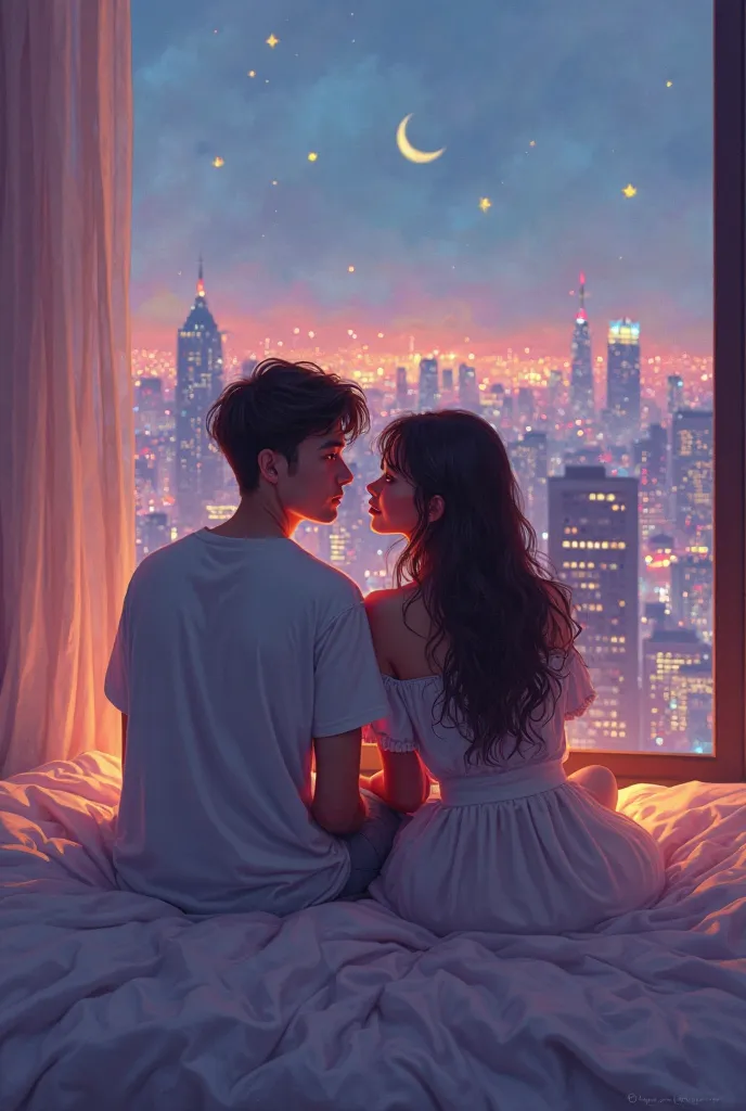 a pastel color painting of boyfriend and girlfriend is talking too closely and sit down at bed on a hotel room and their background is a big glass window there are many city lights are coming from there