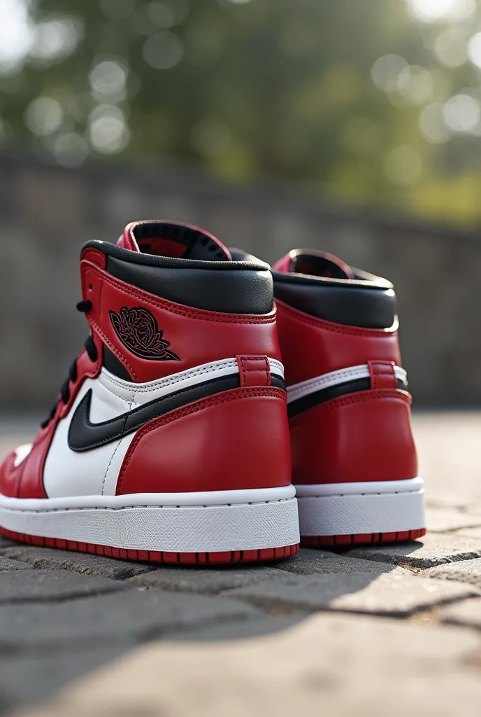 Generate a high-quality, photorealistic image of Nike Air Jordan 1 Chicago sneakers in pristine condition. The shoes should showcase a classic red, white, and black colorway with excellent detailing and a clean finish. They should be set against a neutral ...