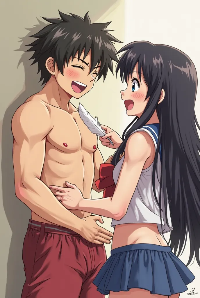 I want an anime-style drawing where the girl with long black hair, who is "Sailor Mars," touches the belly of a shirtless man tied to the wall and laughing. She uses a large white chicken feather, which the girl, "Sailor Mars," holds in her right hand, poi...