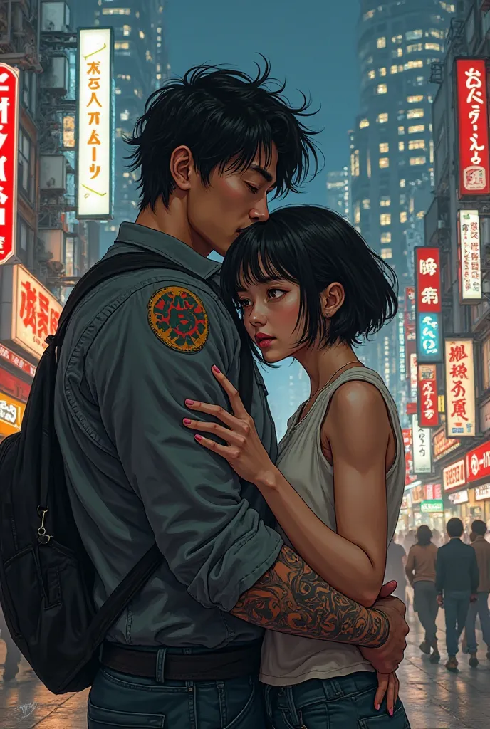 Baji Keisuke from Tokyo Revengers hugging a Korean girl with short hair from behind, brown eyes, low, skinny and corpud.