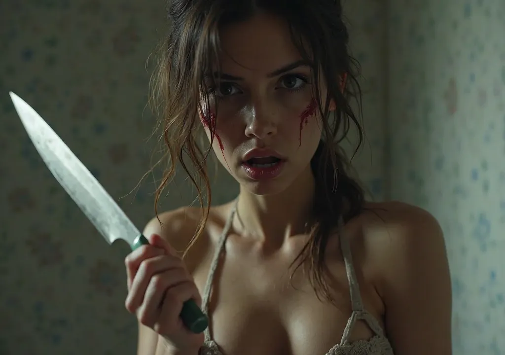 young woman wearing lingerie and with a large knife in her hand, with a fixed look and an expression of anger and despair, The slightly bloodied face