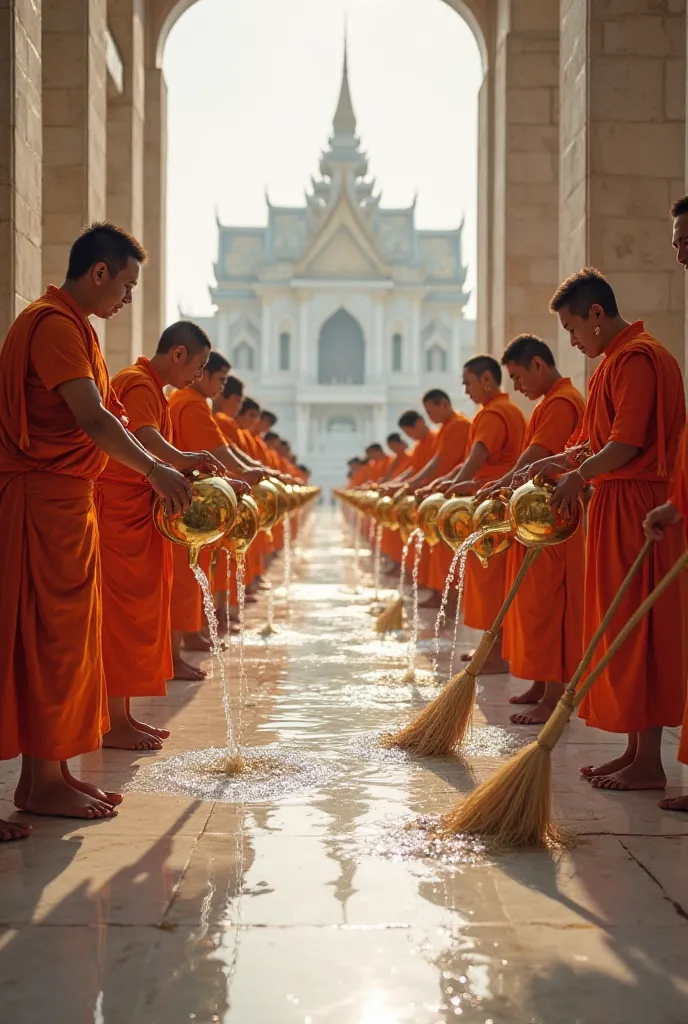 Priests performing an elaborate purification ritual in the temple courtyard. Some pour crystal-clear water from golden pitchers over their hands, while others sweep the immaculate marble floor with special brooms. The temple's reflection on the polished fl...