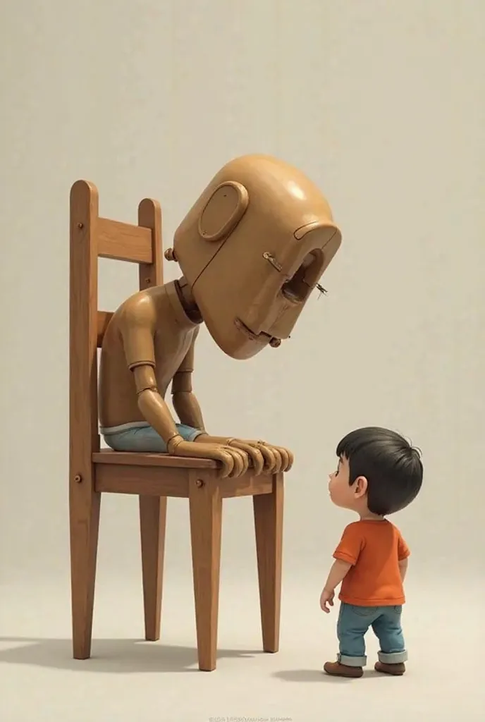 Wooden chair small and not scary, no face or hands and is new looking bullying a  boy