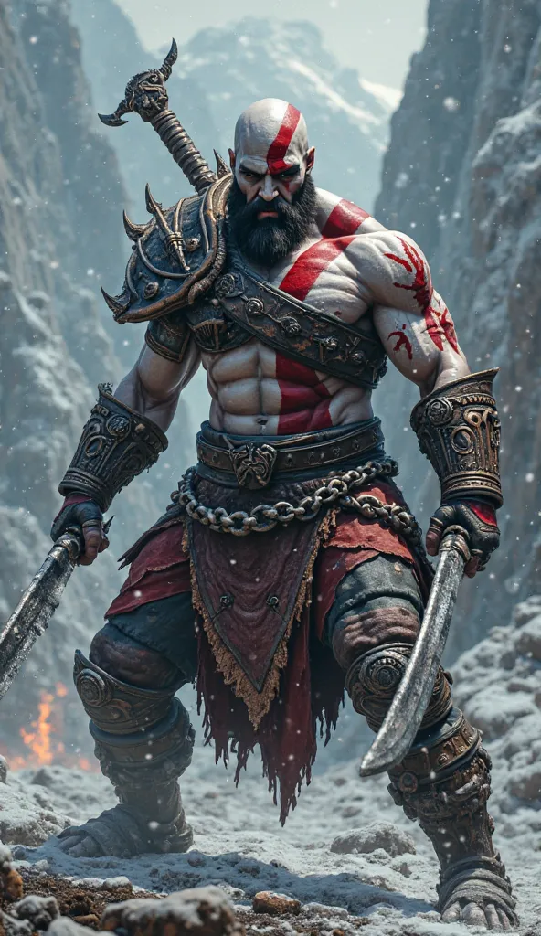 *"Create an ultra high definition image of Kratos, the iconic God of War, in a powerful and imposing pose. Kratos must be wielding his blades of chaos, with the chains extending in a dynamic position, ready for battle. His muscular body must display scars ...