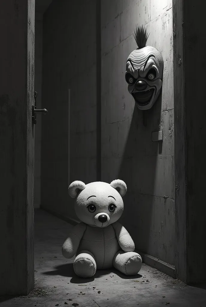 Create a drawing about claustrophobia with a stuffed animal in an enclosed place and with a clown on the wall in black and white 